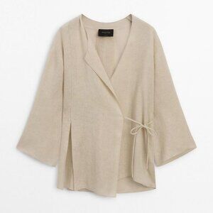 Massimo Dutti Sand 100% Linen Flowing Crossover Kimono With Vent //Sz Small